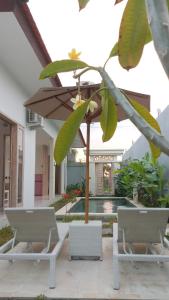 patio z 2 krzesłami i parasolem w obiekcie Villa Ummangur 2 BR Private Villa Near Lovina w mieście Banjar