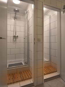 y baño con ducha y puerta de cristal. en Hotel Olympia, en Múnich