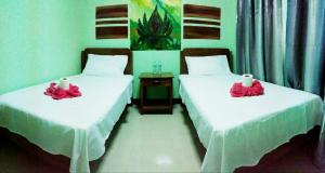 Dos camas en una habitación con flores rojas. en CHISIPHIL Homestay Port Barton en San Vicente