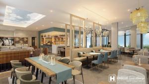 ベルガーエンデ・レートヴィッシュにあるSunny Suite 14 - charmant und elegant mit Pool und Saunabereichのテーブルと椅子、窓のあるレストラン