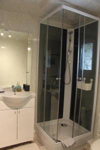 a bathroom with a shower and a sink at Cute Gite family Aucey Mont Saint Michel in Aucey-la-Plaine