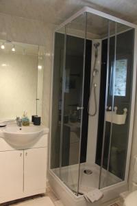 a bathroom with a shower and a sink at Cute Gite family Aucey Mont Saint Michel in Aucey-la-Plaine +12 photos