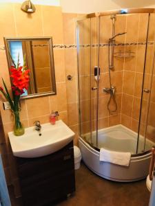 een badkamer met een douche, een wastafel en een bad bij Willa Sorrento in Szczecin