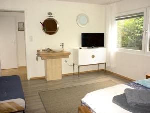 um quarto com um lavatório e uma televisão na parede em Ferienwohnung Brigid em Uhldingen-Mühlhofen
