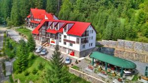 uma vista aérea de uma casa com um telhado vermelho em Hotel Iasicon em Lacu Rosu