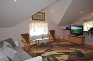 uma sala de estar com um sofá e uma televisão em Casa Diu em Avrig