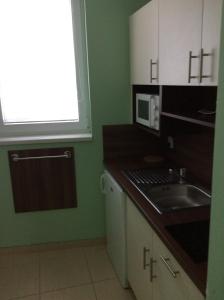 a small kitchen with a sink and a microwave at Ubytování Lábadi in Rohatec