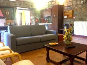 ein Wohnzimmer mit einem Sofa und einem Couchtisch in der Unterkunft Antico Fienile in Celleno