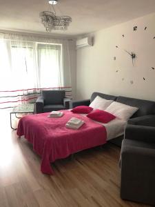 ヴァドヴィツェにあるApartament Sutemiのベッドルーム1室(ベッド1台、壁掛け時計付)