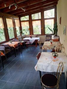 a dining room with tables and chairs and windows at Pension Fischer in Plauen