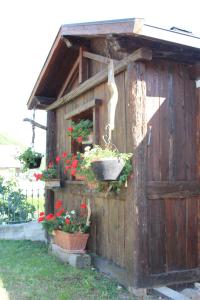 una casa de pájaros con flores y un cubo en ella en La maison de vali, en Aosta