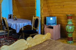 a bedroom with a table with a tv and a bed at Guest house Dvir Pysanka in Kosiv
