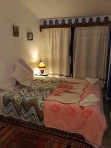 a bedroom with a bed and a lamp on a table at Casa Mablu in Chefchaouen