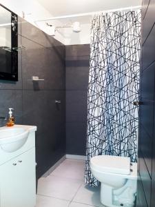 a bathroom with a toilet and a shower curtain at City Lodge Apart in Santa Cruz de la Sierra +7 photos