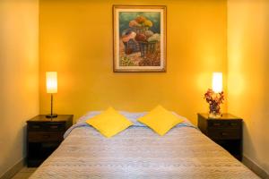 1 dormitorio con 1 cama con 2 lámparas y 1 pintura en Flying Dog Hostel, en Lima