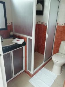Un baño con ducha, inodoro y lavabo. en Los Juanes apto con terraza, en Buga