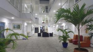 聖安德烈斯的住宿－加勒比海島皮索2號酒店，建筑里带椅子和植物的走廊