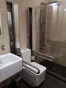 ein Bad mit einer Dusche, einem WC und einem Waschbecken in der Unterkunft La QuintaEsencia in La Pereda de Llanes