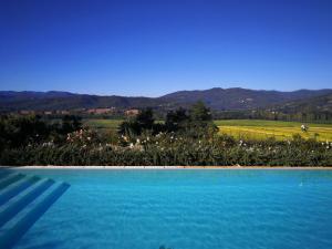 a blue swimming pool with a view of a field and mountains at Casa Vacanze Villa Maria in Anghiari