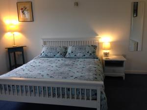 um quarto com uma cama branca e 2 candeeiros em Ty Aelwyd em St. Davids