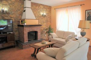 a living room with a couch and a fireplace at Villa Gramati in Savoca 