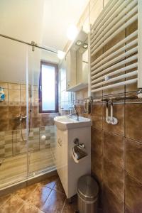 uma casa de banho com um lavatório e um chuveiro em Talismano Apartments em Smederevo