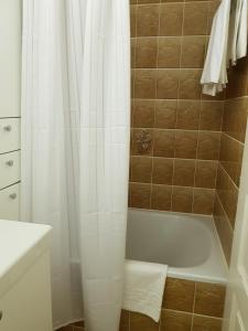 Un baño con bañera y cortina de ducha. en Route du Village 5 Residence Panorama, en Villars-sur-Ollon