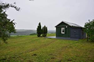 un pequeño edificio verde en un campo con árboles en Tiny house Ružēni en Talsi