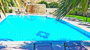 a blue swimming pool with chairs and a palm tree at Dimitris Villa Hotel in Matala