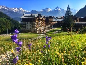 um campo de flores roxas em frente a um edifício em Le Thabor em Valfréjus