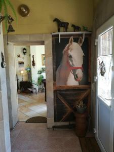 a painting of a horse on the wall of a hallway at Domek Górski Strumień in Stronie Śląskie