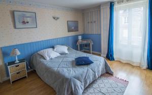 ein blaues Schlafzimmer mit einem Bett mit zwei Kissen darauf in der Unterkunft Chambres d'hôtes Andrea in Brive-la-Gaillarde