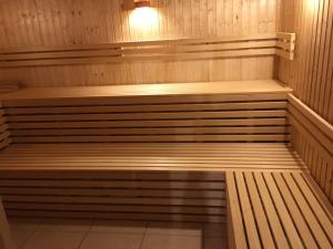 a sauna with wooden benches and a light in it at Pension Neuerbe in Erfurt