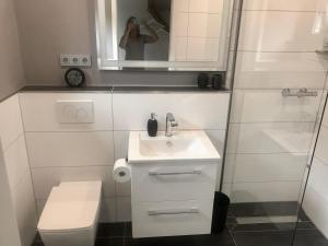 un bagno con lavandino, WC e specchio di Apartmentvermietung Meerbusch a Meerbusch