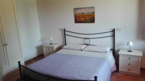 a bedroom with a bed and two night stands with lamps at Agriturismo Collomici in Celle sul Rigo
