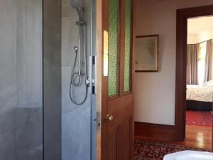 bagno con doccia e porta in vetro di The Wansbeck a Oamaru