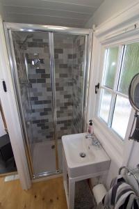 La salle de bains est pourvue d'une douche et d'un lavabo. dans l'établissement Riverside Bothy at Allt A'Mhuilinn, à Spean Bridge
