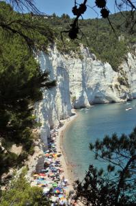 una playa con muchas sombrillas y gente en ella en Camping Apartment Vignanotica, en Mattinata