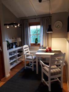 eine Küche mit einem Tisch und Stühlen sowie einem Fenster in der Unterkunft Blockhausperle im Grunen in Oldenburg