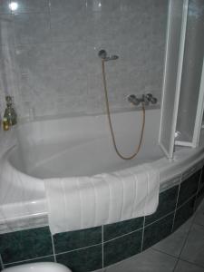 Das Bad ist mit einer Badewanne mit einer Dusche ausgestattet. in der Unterkunft B&B La Chrysalide in Mons