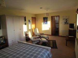 um quarto com 2 cadeiras, uma cama e uma televisão em Kescoweth em Montrose