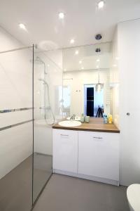 uma casa de banho branca com um lavatório e um chuveiro em Calamo Park, Apartamenty z klimatyzacją em Olsztyn