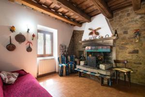 a living room with a fireplace and a bed at Villa Valdarecchia in Apecchio