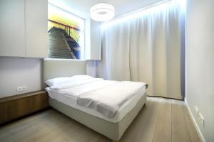 1 dormitorio con 1 cama y una pintura en la pared en Calamo Park, Apartamenty z klimatyzacją, en Olsztyn