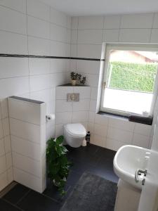 baño con aseo, ventana y planta en Seepferdchen, en Zingst