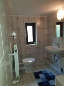 uma casa de banho com um WC e um lavatório em Herberge-Duisburg-Beeck em Duisburg