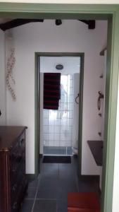 包波的住宿－Casa em Toque Toque Pequeno，浴室配有步入式淋浴间、盥洗盆和镜子