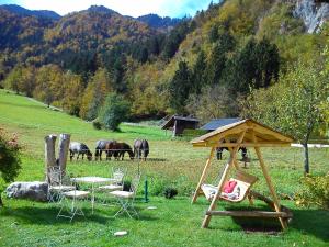 a group of chairs and tables and horses in a field at Apartments Green Paradise in Bohinjska Bela