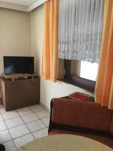 ein Wohnzimmer mit einem TV, einem Sofa und einem Fenster in der Unterkunft Ferienwohnungen Tillian in Hermagor