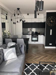 a living room with a couch and a kitchen at Family & Business Sauna Apartments No1 Leśny nad Zalewem Cedzyna Unikat - 3 Bedroom with Private Sauna, Bath with Hydromassage, Terrace, Garage, Catering Options in Kielce